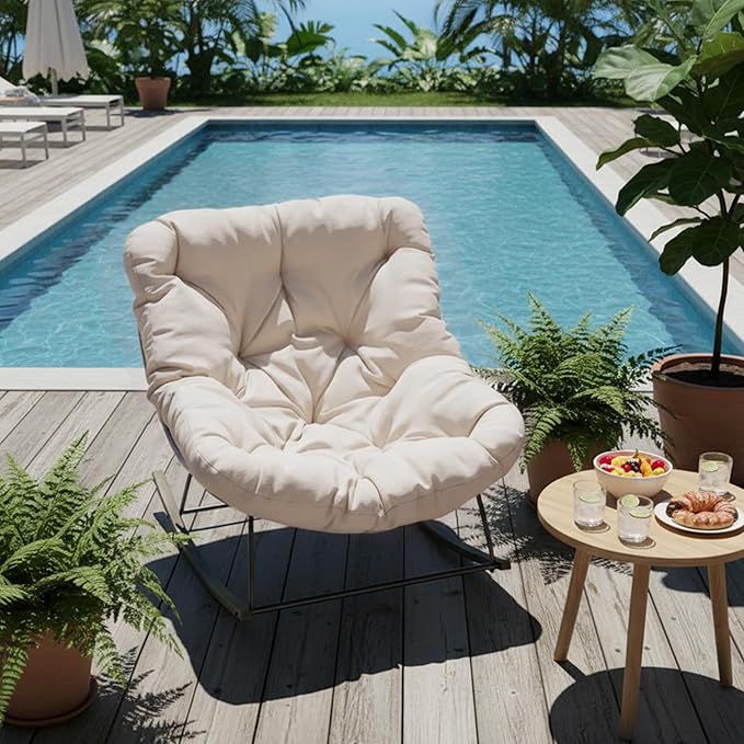 Outdoor Patio Rocking Chair, Oversized Papasan Chair with Cushion and Frame, Comfy Modern Rocker Egg Chair for Living Room, Garden Backyard,Beige2pc