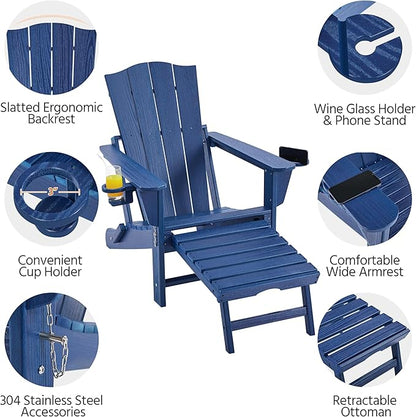 Yaheetech Adirondack Chair with Retractable Ottoman, All Weather Patio Folding Fire Pit Chair with Cup Holder and Phone Holder for Outdoor Poolside, Navy Blue, 4 pcs
