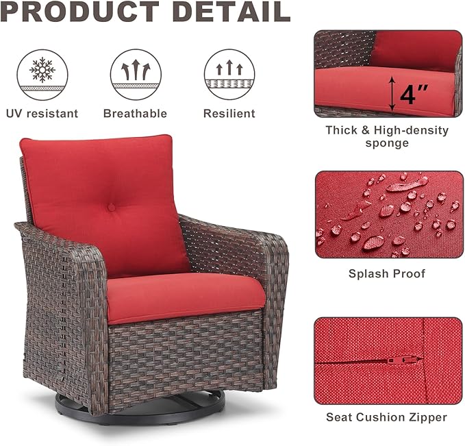Rilyson Outdoor Patio Swivel Rocker Chairs - 3 PC Wicker Patio Bistro Sets with High Back,Thick Comfy Cushions, Deep Seating and Side Table for Porch Deck Backyard Garden(Brown/Red)
