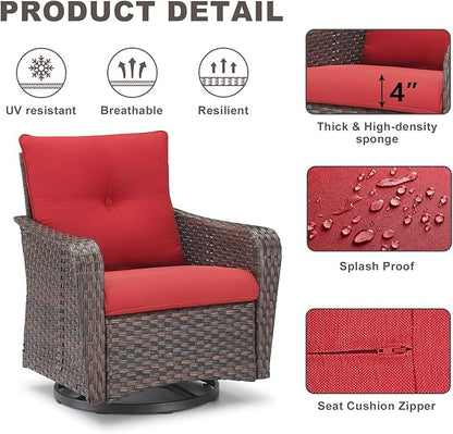 Rilyson Outdoor Patio Swivel Rocker Chairs - 6 PC Wicker Patio Bistro Sets with High Back,Comfy Cushions,Deep Seating and Side Table for Porch Deck Backyard Garden(Brown/Red)