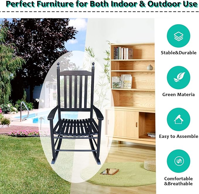 HomVent Wood Rocking Chair, 280 Lbs Heavy Duty Rocking Rocker Chair, Backyard and Patio Porch Rocker with Wide Seat and Armrest for Outdoor& Indoor Use, Cushion not Include (Black)