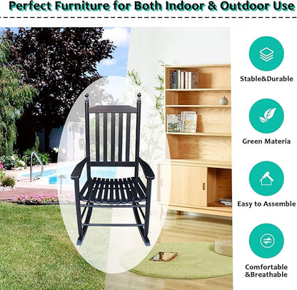 HomVent Wood Rocking Chair, 280 Lbs Heavy Duty Rocking Rocker Chair, Backyard and Patio Porch Rocker with Wide Seat and Armrest for Outdoor& Indoor Use, Cushion not Include (Black)