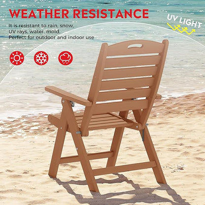 Costaelm Outdoor Adjustable Highback Folding Patio Dining Chair, HDPE Armrest Poly Lumber Restaurant Bistro Dining Chair for Outside Porch Backyard Garden, Teak