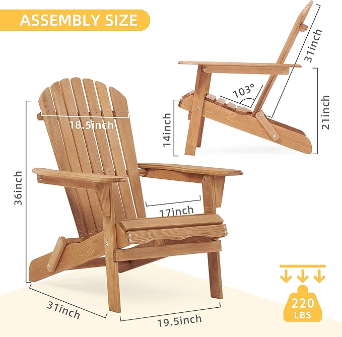 Wooden Folding Adirondack Chair Set of 2, Wood Lounge Patio Chair for Garden Outdoor - Photo 3