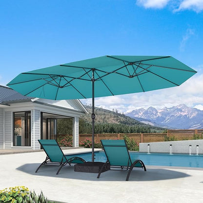 PURPLE LEAF Patio Oversized Chaise Lounge with 15FT Umbrella Outdoor Lounge Chair Beach Pool Sunbathing Lawn Lounger, Base and Side Table Included, Turquoise Blue