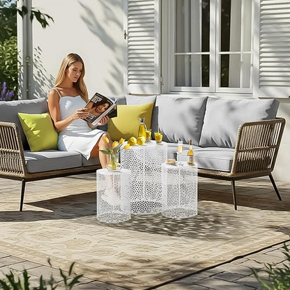 Outvita Outdoor Nesting Tables Set of 3, Heavy Duty Metal Frame Accent Modern End Table, Portable Side Table for Indoor, Outdoor, Living Room, Clover Pattern - White