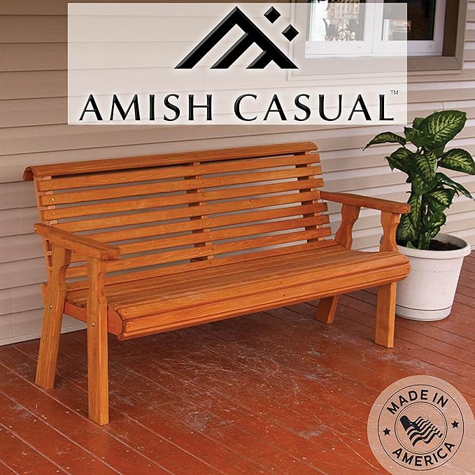 Amish Casual Heavy Duty 4 Foot Roll Back Outdoor Bench in Cedar Stain - Amish Made in The USA from Treated Pine for Outdoor Durability, 700 Lb Weight Capacity