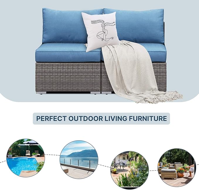 Solaste Wider 2 Pieces Outdoor Sofa, Patio Rattan Sectional Sofa, All-Weather Wicker Armless Patio Loveseat Furniture with Cushion for Porch Balcony Garden Poolside (Blue)