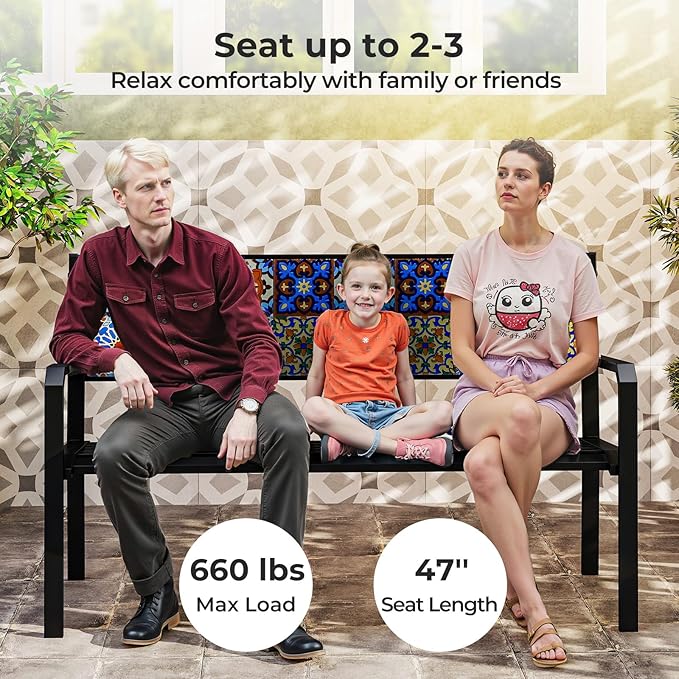 Tangkula 50" Metal Patio Park Bench, Modern Outdoor Classic Slatted Loveseat for 2-3 People with Curved Seat & Mosaic Backrest, Heavy-Duty Outdoor Seating for Backyard, Poolside, Porch