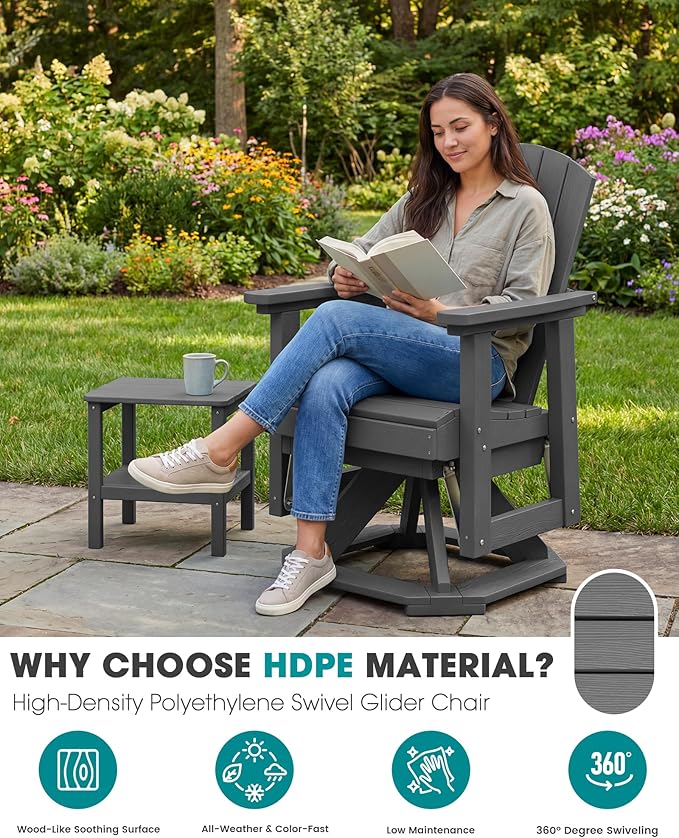 SERWALL Adirondack Swivel Glider Chair, HDPE Glider Rocking Chair for Outdoor, All-Weather Glider Chair for Porch - Photo 4