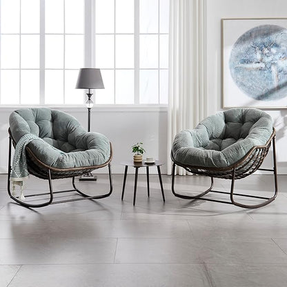 Large Indoor Rocking Chair, Oversized Rocking Papasan Chair with Thick Cushion and Frame,Comfy Corduroy Rocker Wicker Egg Chairs Lounge Reading Chair for Living Room, Bedroom, Apartment,Green