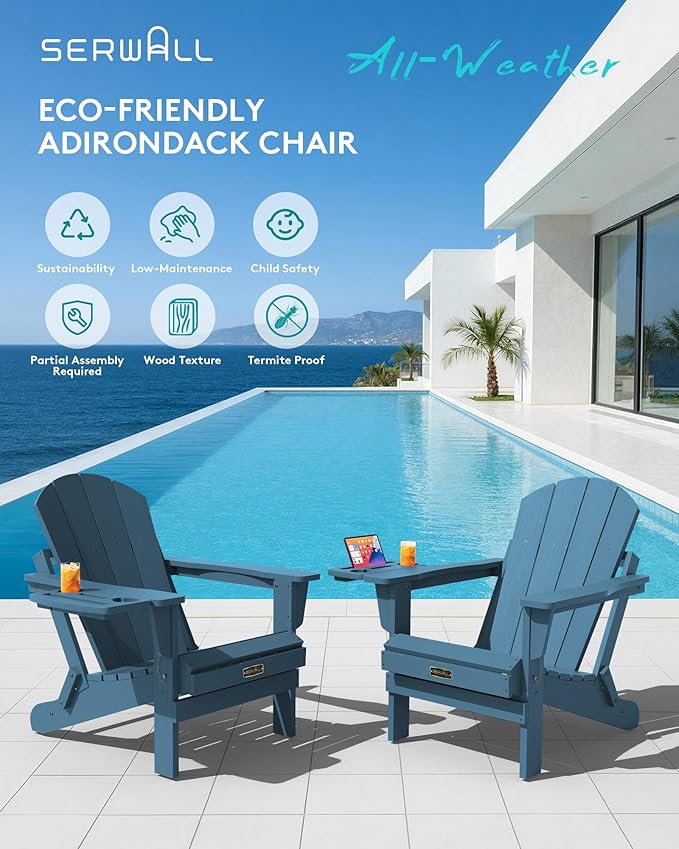 SERWALL Folding Adirondack Chair, Patio Adirondack Chairs with 4 in 1 Cup Holder, Weather Resistant Patio Chair - Photo 7