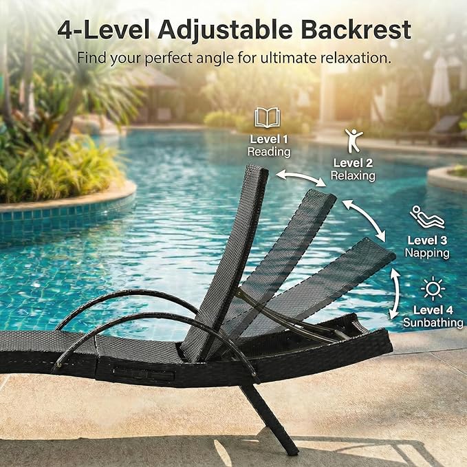 Wicker Outdoor Lounge Chairs with Pull Out Side Table, Pool Lounge Chairs Set of 4, Rattan Outdoor Lounger - Photo 4