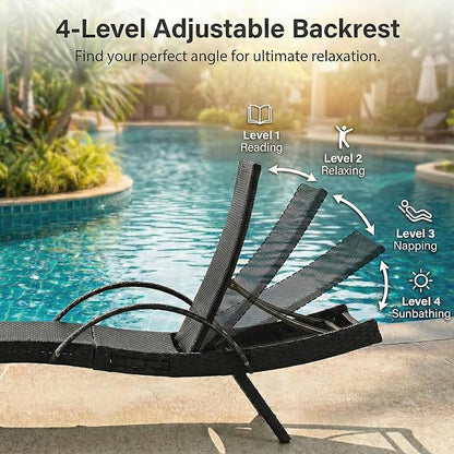 Wicker Outdoor Lounge Chairs with Pull Out Side Table, Pool Lounge Chairs Set of 4, Rattan Outdoor Lounger, Adjustable Backrest Patio Chaise Lounges for Garden, Backyard, Tanning Chair, Black