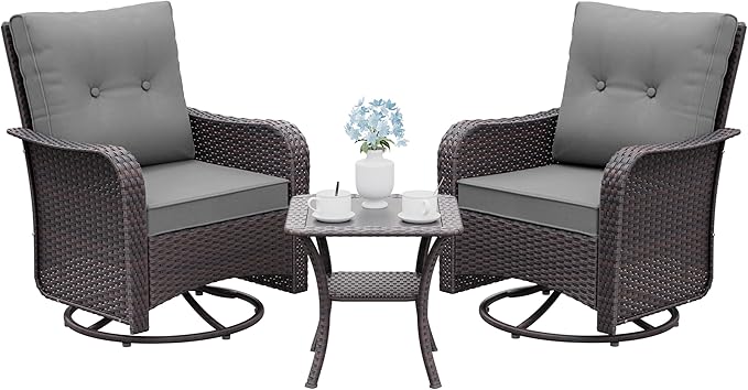 Gotland Outdoor Swivel Chairs Set of 2, 3 Pieces Patio Furniture Set with Thick Cushion, Wicker Rocking Patio Chairs Set of 2, Patio Bistro Set with Double-Layer Coffee Table for Balcony Porch Gray