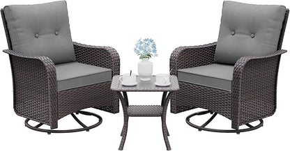 Gotland Outdoor Swivel Chairs Set of 2, 3 Pieces Patio Furniture Set with Thick Cushion, Wicker Rocking Patio Chairs Set of 2, Patio Bistro Set with Double-Layer Coffee Table for Balcony Porch Gray