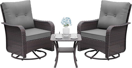 Gotland Outdoor Swivel Chairs Set of 2, 3 Pieces Patio Furniture Set with Thick Cushion, Wicker Rocking Patio Chairs Set of 2, Patio Bistro Set with Double-Layer Coffee Table for Balcony Porch Gray