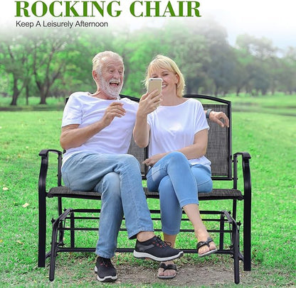 Backyard Expressions 2-Person Outdoor Glider Bench, Patio Double Swing Rocking Chair Loveseat w/Powder Coated Steel Frame for Backyard Garden Porch, Black Frame - Heathered Grey Sling Fabric