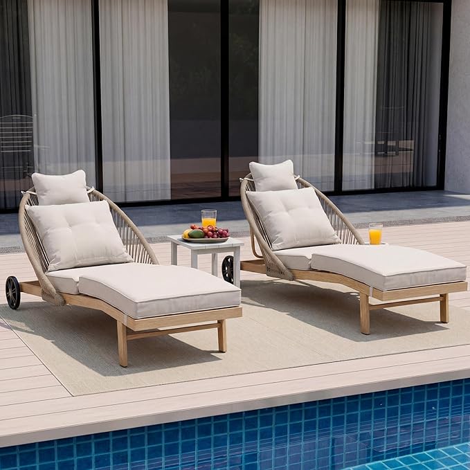 Lounge Chair Outdoor Set of 2 Chaise Lounger, Rope Lounge Chair Patio Chairs with Cushion & Backrest, Outdoor Chaise Lounges for Backyard, Poolside, Patio, Garden, Khaki