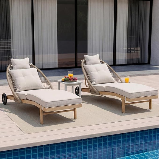Lounge Chair Outdoor Set of 2 Chaise Lounger, Rope Lounge Chair Patio Chairs with Cushion & Backrest, Outdoor Chaise Lounges for Backyard, Poolside, Patio, Garden, Khaki