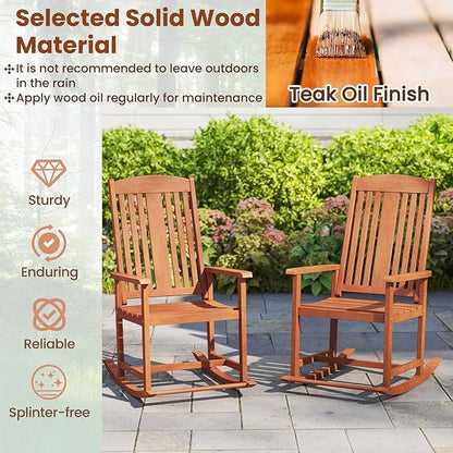 Tangkula Outdoor Patio Wood Rocking Chair, Relaxing Rocker w/High Backrest, Wide Armrests, Curved Seat, for Porch, Patio, Garden, Backyard, 400 LBS Support, Natural (2)