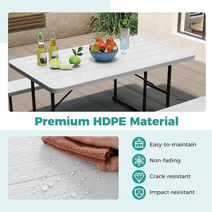 Giantex Picnic Table Bench Set for 4 People, 4.5FT Outdoor Rectangular Dining Table & 2 Benches w/Umbrella Hole, HDPE Tabletop, Metal Frame, Patio Garden Backyard Poolside (4.5FT,Non-Foldable,White)
