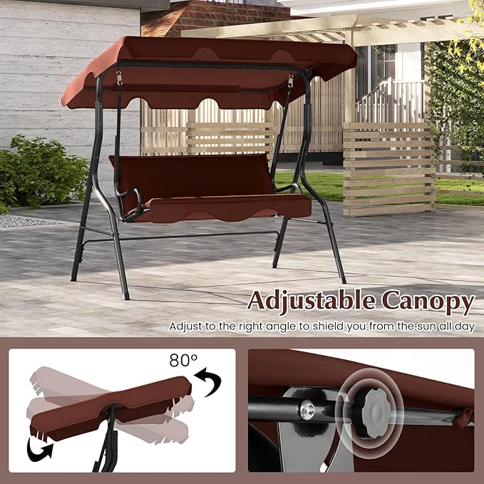 RELAX4LIFE 3-Person Porch Swing Chair - Outdoor Swing w/Adjustable Canopy, Removable Cushion & Metal Frame Stand - Photo 4