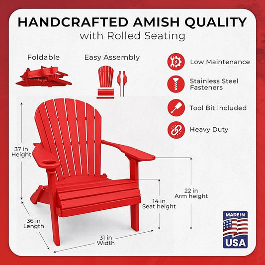 Ecommersify Folding Adirondack Chair with Cup Holder - (Bright Red) - Heavy Duty Recycled Poly Lumber Folding Chair - Amish Crafted Outdoor Furniture - Made in USA