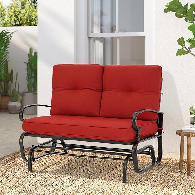 Outdoor Glider Rocking Bench 2 Person Patio Loveseat Steel Frame Furniture Set with Removable Cushion for Patio, Garden, Yard, Porch (Red)