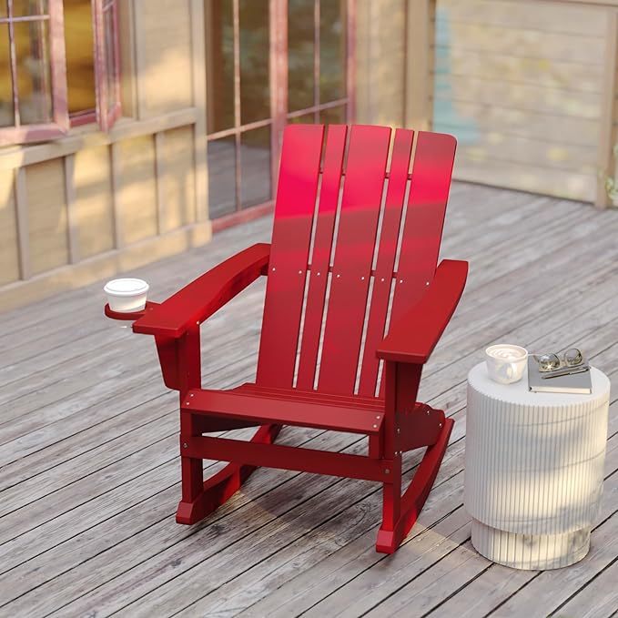 Flash Furniture Halifax Adirondack Rocking Chairs with Cup Holder, Weather Resistant Poly Resin Adirondack Rocking Chairs, Set of 2, Red