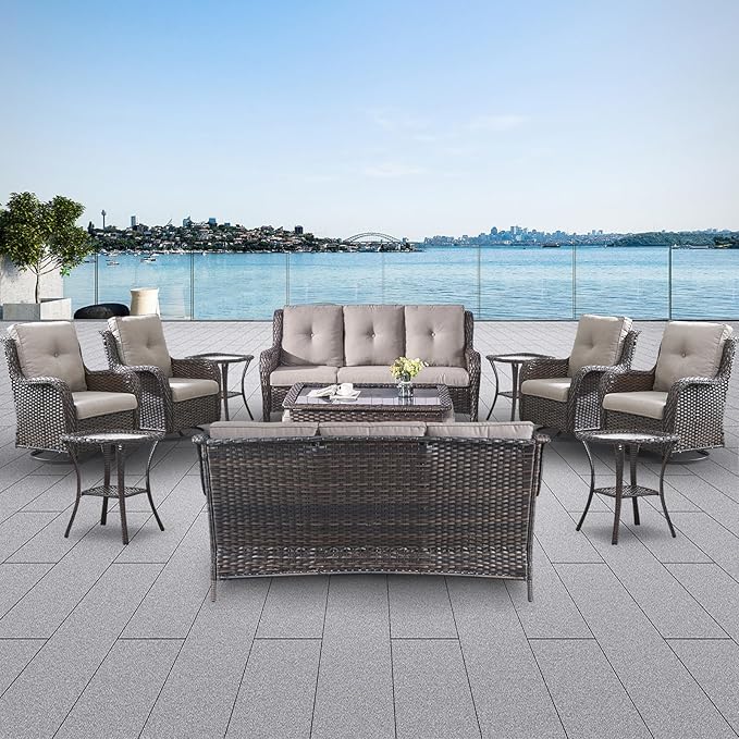 Belord 13 Piece Wicker Patio Furniture Set, Outdoor Swivel Rocker Chairs Set of 4 with Ottomans and Rattan Couch, All Weather Patio Conversation Furniture Set, for Pool,Yard Brown Wicker/Gray