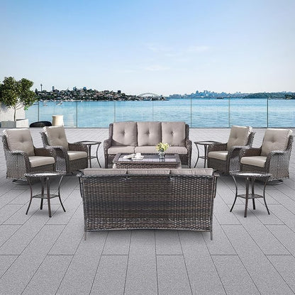 Belord 13 Piece Wicker Patio Furniture Set, Outdoor Swivel Rocker Chairs Set of 4 with Ottomans and Rattan Couch, All Weather Patio Conversation Furniture Set, for Pool,Yard Brown Wicker/Gray