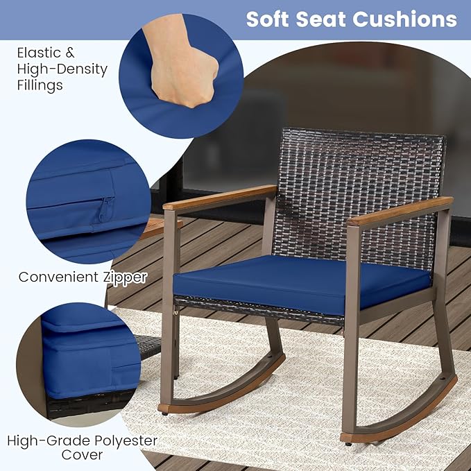 HAPPYGRILL 3 Pieces Rocking Bistro Set, Outdoor PE Wicker Rocking Chair with Coffee Table, Soft Seat Cushions Included - Photo 6