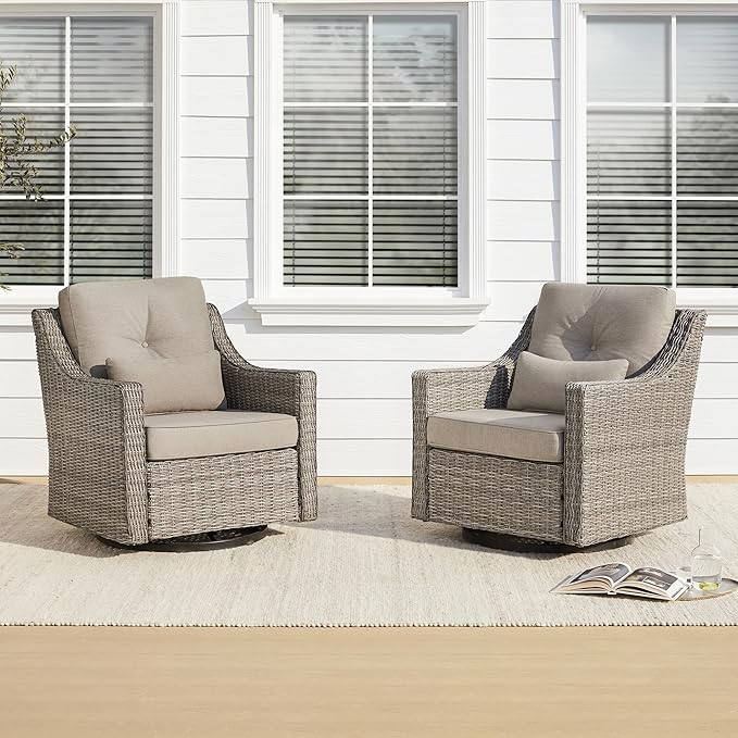 CHITA 2 Pieces Patio Wicker Chairs, 360° Rocking Swivels Outdoor Rattan Chair with Thickened Cushions for Backyard, Poolside, Garden or Porch