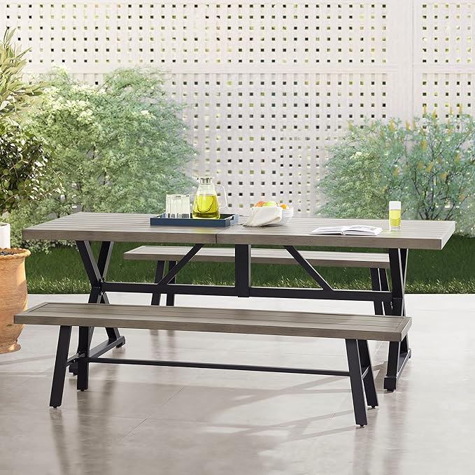 Ulax furniture Outdoor Dining Set, Patio Furniture Table with 1 Rectangular Table and 2 Benches, Wood-Like Dining Set for Garden, Porch, Backyard