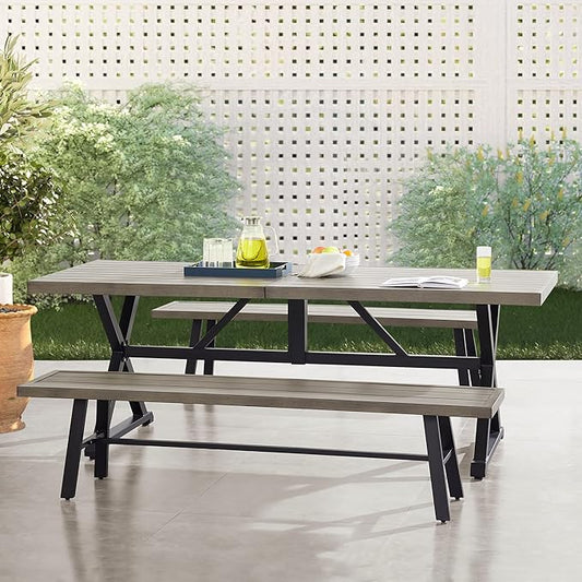 Ulax furniture Outdoor Dining Set, Patio Furniture Table with 1 Rectangular Table and 2 Benches, Wood-Like Dining Set for Garden, Porch, Backyard