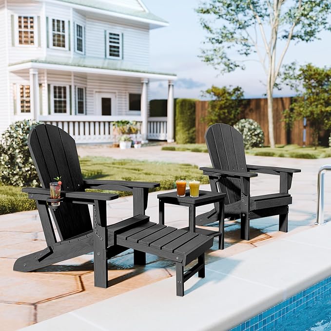 Folding Adirondack Chairs with Retractable Ottoman, HDPE Adirondack Chair with Cup Holder, All Weather Fire Pit Chair for Patio, Garden, Poolside (one Chair)