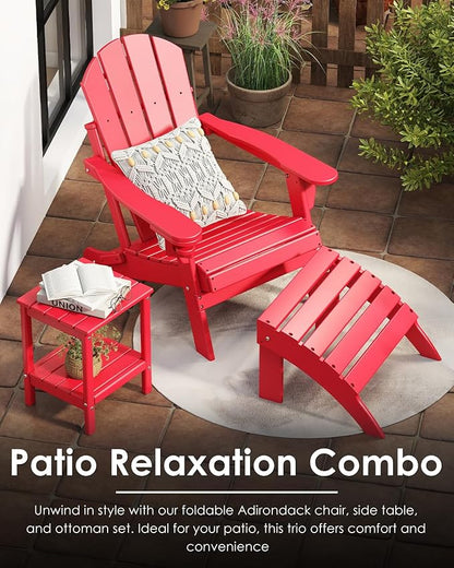GREENVINES Folding-Adirondack-Chairs-Set-of-2 | HDPE Plastic | Fire Pit Chair | All Weather | Cup Holder | Red | for Deck Backyard Patio Outdoor Garden