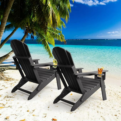 FUNBERRY Folding Adirondack Chair Set of 2, HDPE All Weather Fire Pit Chairs with Cup Holder for Outdoor