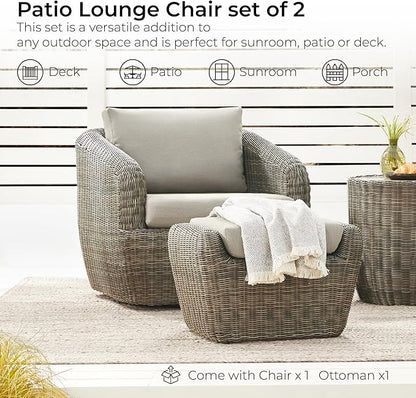CHITA 2 Pieces Patio Wicker Furniture Set, Outdoor Rattan Chair Set with Removable Thickened Cushions, Fully Assembled(Gray Cushions with Brownish Gray Wicker)