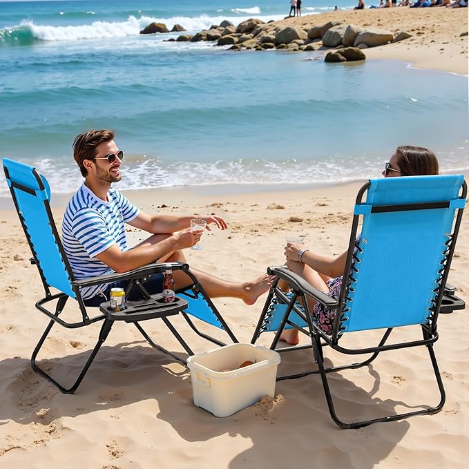 Greesum Zero Gravity Chairs Set of 2 Adjustable Steel Mesh Recliners Beach Deck Lawn Camping Patio Foldable Lounge Chair with Cup Holder Trays and Pillows,Sky Blue
