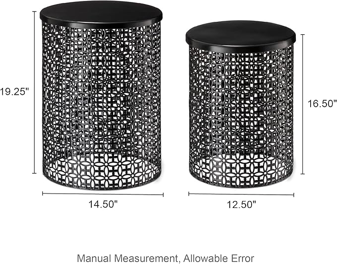 Glitzhome Outdoor Side Table Set of 2, Decorative Garden Stool for Patio Heavy Duty Metal Frame Accent Table Modern End Table, Glossy Black