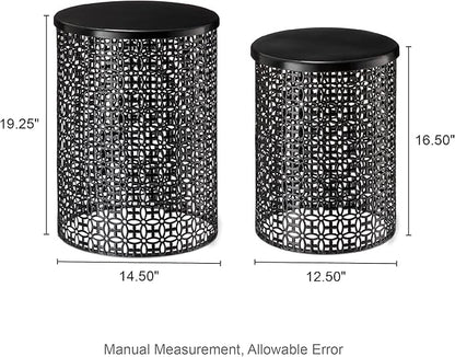 Glitzhome Outdoor Side Table Set of 2, Decorative Garden Stool for Patio Heavy Duty Metal Frame Accent Table Modern End Table, Glossy Black