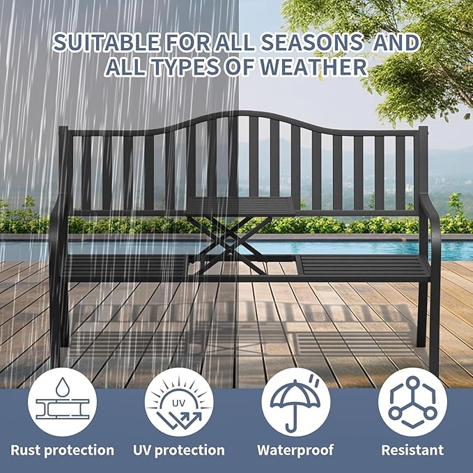SHGJ&SOFT Outdoor Bench, Garden Bench,Outdoor Metal Frame Patio Park Bench with a Small Table,for Porch, Lawn,Garden,Yard (BK04-2PACK)