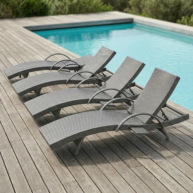 80.3" Chaise Lounge Outdoor Set of 4, Wicker Pool Lounge Chairs Outdoor with Pull-Out Side Table, Adjustable Reclining Patio Chairs, Tanning Chair, Sillas de Patio for Backyard/Balcony/Deck (Grey)