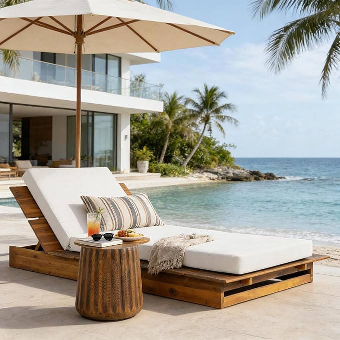 Christopher Knight Home Bard Patio Chaise Lounge Chair Outdoor, Acacia Wood Poolside Sun Lounger with 3-Folds Cushion - Photo 4