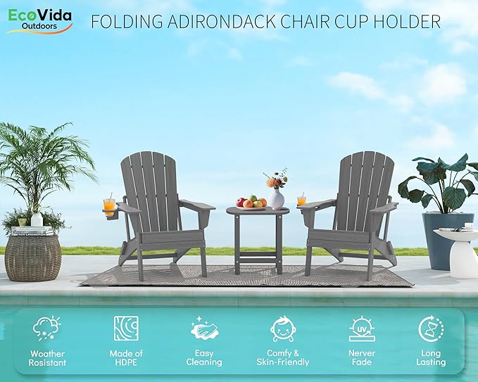 Upgraded Folding Adirondack Chair with All-Weather Cup Holder-EcoVida, Premium Wood Grain Texture, HDPE Waterproof, Suitable for Fire Pit, Patio, Porch,Grey