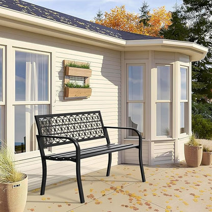 Outdoor Bench Garden Bench Patio Bench,Weatherproof Anti-Rust Metal Powder Coated Frame Park Bench,Metal Bench for Yard & Porch & Park (Wreath)
