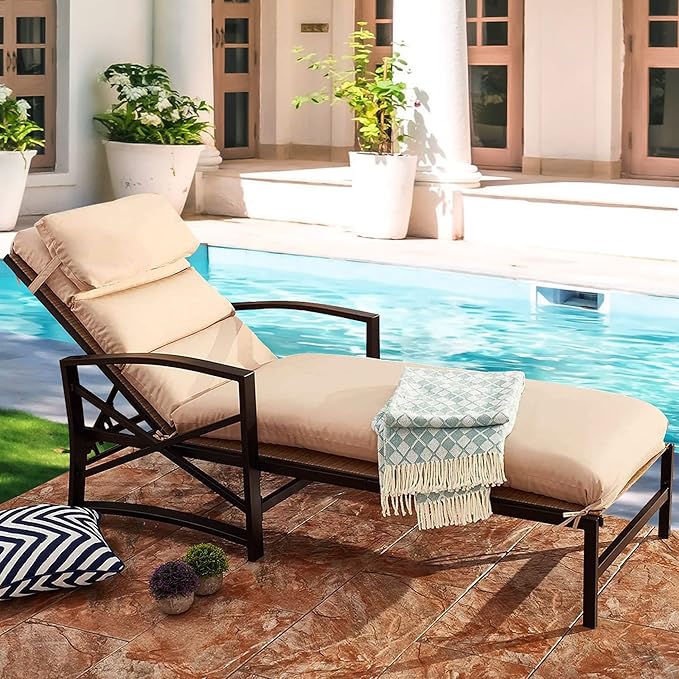 PatioFestival Patio Lounge Chair Cushioned Chaise Lounger Outdoor with Adjustable Back 3.1" Thickness Long Cushion All Weather Frame(Khaki)