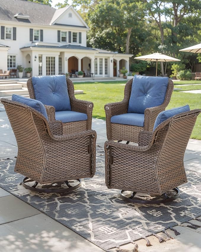 Patio Chairs Outdoor Swivel Glider - Set of 4 High Back Outside Brown Wicker Rattan Rocking Chair with Thick Cushion - Photo 2